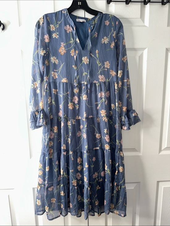 Patrons of Peace Dresses & Skirts - Patrons of Peace Blue Floral Tiered Midi Dress with Pink & Cream Accents